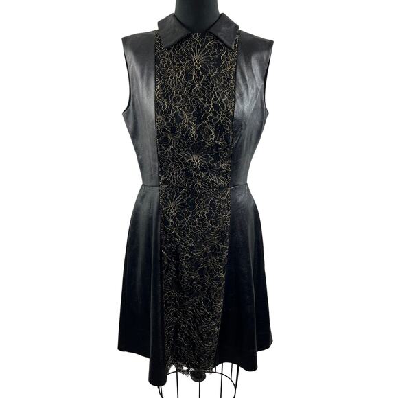 SOPHIA KAH Black Lambskin Leather & Lace Panel Sleeveless Sheath Dress Size 16 - Picture 1 of 10
